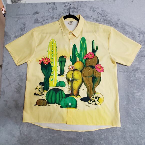 Hardaddy Camp Hawaiian L Shirt Yellow Desert Scene Sexy Buttocks Cactus Skull - Picture 1 of 9